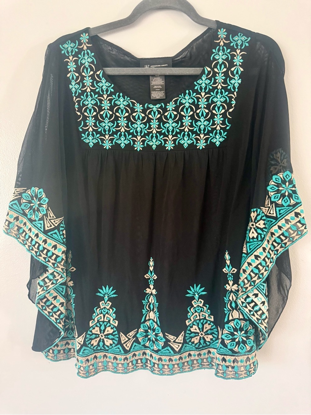 INC International Concepts Black Boho Embroidered Poncho Blouse